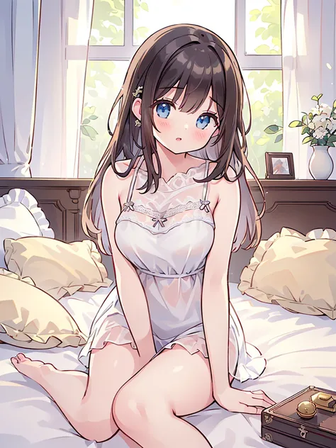 (best quality,4k,8k,highres,masterpiece:1.2),ultra-detailed,(realistic,photorealistic,photo-realistic:1.37),1girl,camisole,transparent clothing,sitting on bed,bedroom interior,beautiful detailed eyes,beautiful detailed lips,extremely detailed face,long eye...