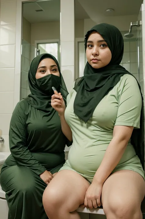 two hijab women fat chubby green dressed sitting on bathroom sweating green eyes holding knife