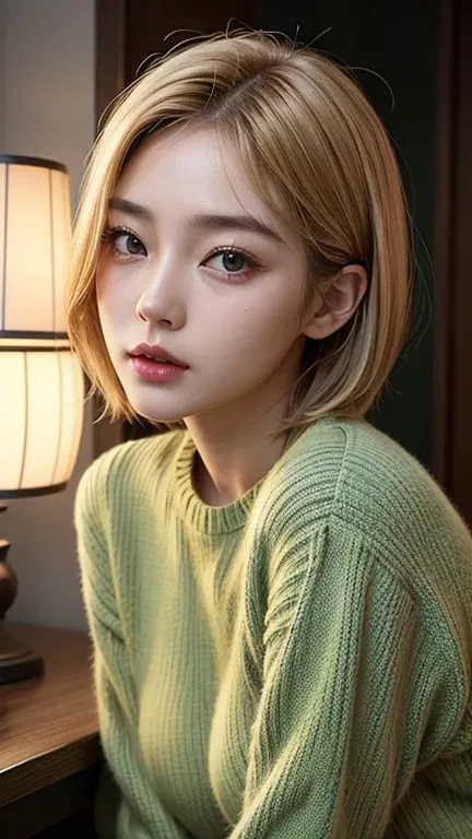 Highest quality、Japanese women、The most beautiful woman in the world、sexy、Golden hair color、Short Hairstyles、Small face、Beautiful Skin、evening、Large Breasts、Realistic、Green Sweater、anger