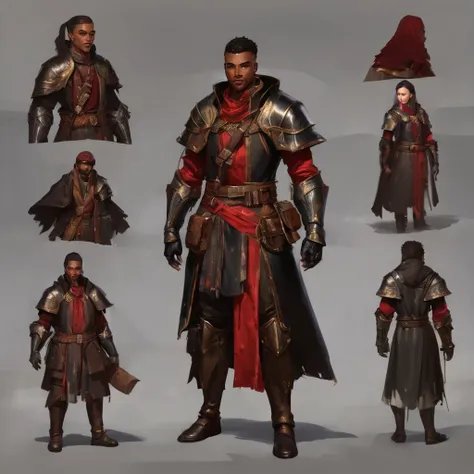 brown and black jacket with a red belt, cloth jerkin, stylised military clothes, very detailed and rich clothing, tied leather armor, flowing robes and leather armor, scaled robes, brown armor, highly detailed clothing, battle garments, tattered cloth robe...