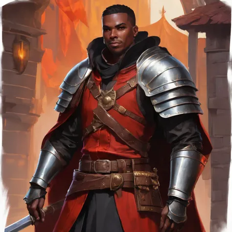 brown and black jacket with a red belt, cloth jerkin, stylised military clothes, very detailed and rich clothing, tied leather armor, flowing robes and leather armor, scaled robes, brown armor, highly detailed clothing, battle garments, tattered cloth robe...