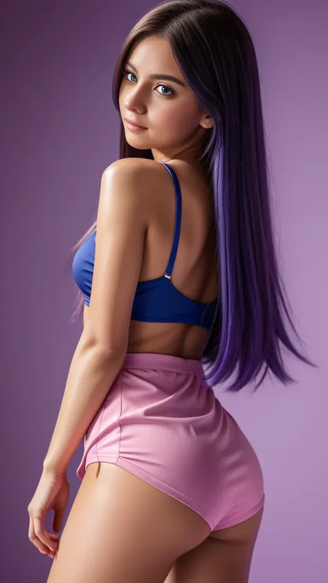 Beautiful realistic girl with blue long hair... ,..... ,Close-up of clean skin with detail ,full length,in short red and black mini shorts and a pink blouse,on a purple background,high quality 8k, high quality с высоким разрешением, Rich colors, Soft light...