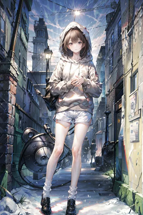 15 years old，girl，Brown hair，White socks，Thin legs，Leg lines，White shorts，Hoodie，snow