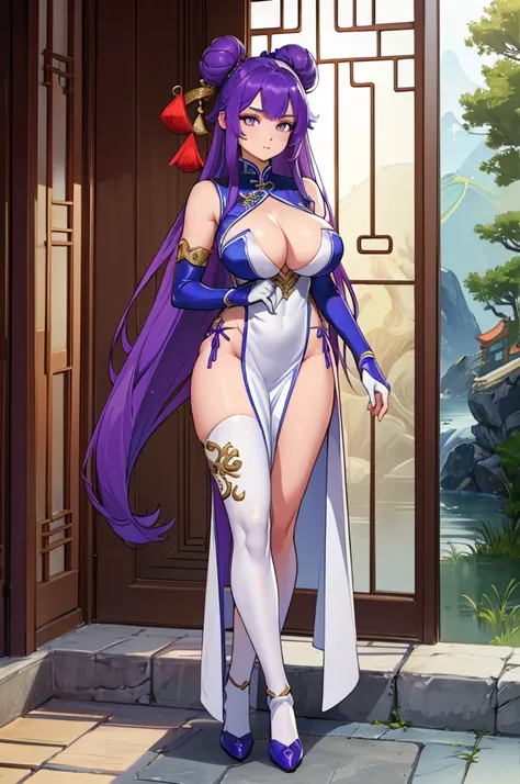 (masterpiece, best quality, high resolution, ((full body, standing,))((huge breasts )) 1 woman 1 magic fantasy chinese warrior, white fantasy chinese sleeveless dress, chinese long gloves, chinese long stockings, hair in 2 buns purple, ((full body))
