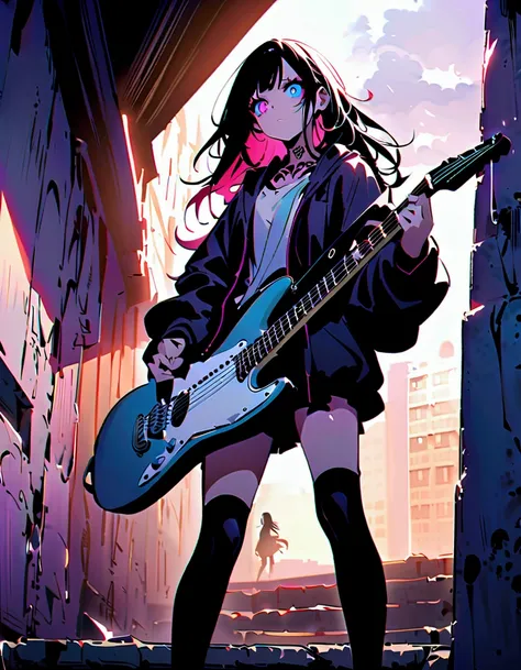 Playing the guitar、Performance、Step Piece, Best Quality, Best Illustration, Ultra-detailed,girl, pinkrose long hair, crazy baddie girl, Cool Black Open Short Jacket, neck tattoo, Messy Fade Cut Hair, Side braided hair,Crazy, standing with an eerie feeling,...