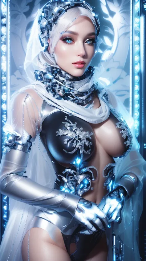 Ultra realistic,professional portrait  of a woman with a silver make up and a veil, futuristic look, white cyborg fashion shot, fashionable futuristic woman, wearing futuristic, cyborg fashion model, futuristic style, futuristic fashion, sci - fi look, cyb...