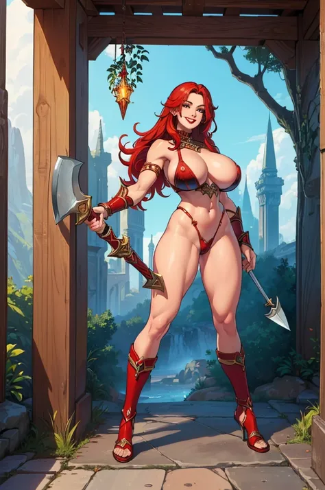 (masterpiece, best quality, high resolution, ((full body, standing,))((huge breasts )) woman 1 magical fantasy barbarian warrior, muscular body, magical fantasy full body barbarian skin clothes, huge ax in hands, very long and messy red hair, red lips, coc...