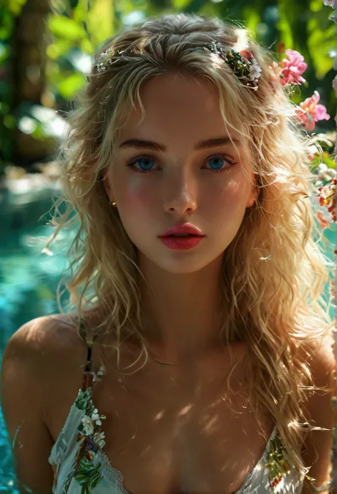 (best quality,4k,8k,highres,masterpiece:1.2),ultra-detailed,realistic, Captured from front, bright colors, vibrant tones, blonde girl, detailed eyes,detailed lips,long eyelashes,sexy,posing confidently,front view, tropical paradise, lush garden, natural po...