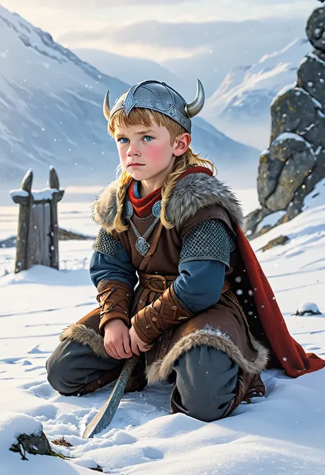 viking boy kneeling in the snow