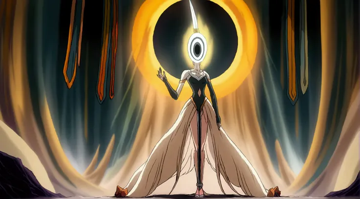 a primordial woman with a skinny body, a supermassive black hole in place of his head, holding a powerful katana, anime style, black background