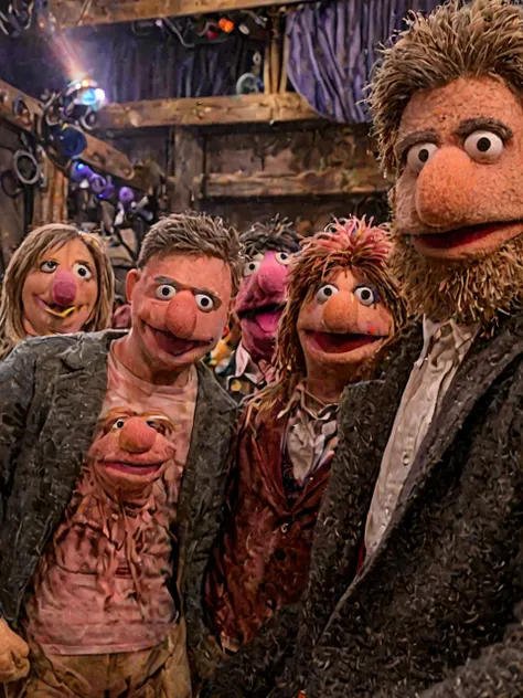 araffes and muppets are standing in a row in a barn