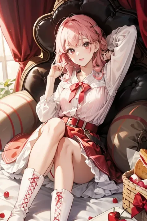 Cherry is a fair-skinned girl with basic black button eyes and pale pink cheeks to match her pale pink hair. Her bangs are curled and she wears a big vanilla scoop on her head with a cherry in the center.

Her dress consists of a red picnic blanket style b...