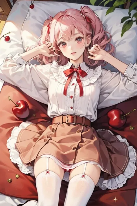 Cherry is a fair-skinned girl with basic black button eyes and pale pink cheeks to match her pale pink hair. Her bangs are curled and she wears a big vanilla scoop on her head with a cherry in the center.

Her dress consists of a red picnic blanket style b...