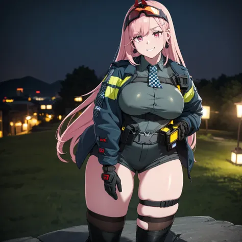 A woman wearing a black military shirt, with military camouflage, long sleeves, black shorts with military camouflage, green arm band, pink hair, long hair, hot pink eyes, black boots, muscular, large breasts, at a high point of a rock, smiling, standing u...