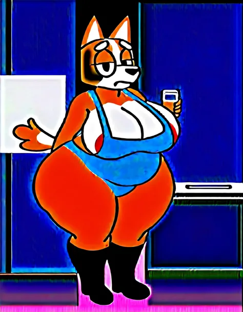 chilliheeler, eye spot, furry female, anthro, huge thighs, huge hips, huge ass, huge breasts, detailed background, obese, realistic,  detailed face, S2Z0n1c21.5XL style, shortstack, facing viewer, front view, australian cattle dog, toony, orange fur, stand...