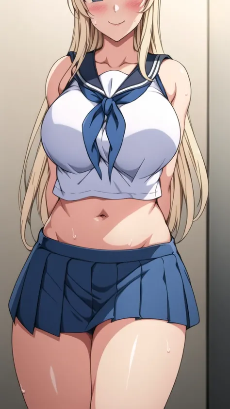 1girl, breasts, solo, , skirt, serafuku, navel, midriff, blonde hair, blush, large breasts, looking at viewer, crop top, arms behind back, pleated skirt, smile, blue eyes, blue skirt, taut clothes, neckerchief, sweat, standing, more exposed belly.