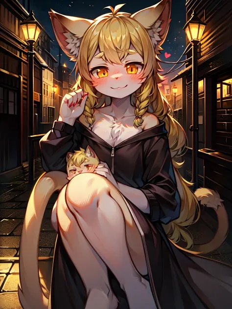 hair over shoulder, wavy hair, hair strand, shiny hair, blonde hair, eye reflection, glowing eyes, slit pupils, amber eyes, cat ears, smile, blush, glint, happy, anime, anime style, En plein air, high detail, cinematic lighting, ray tracing, reflection lig...