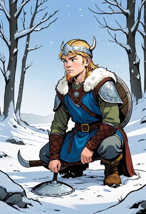 viking boy kneeling in the snow comic version