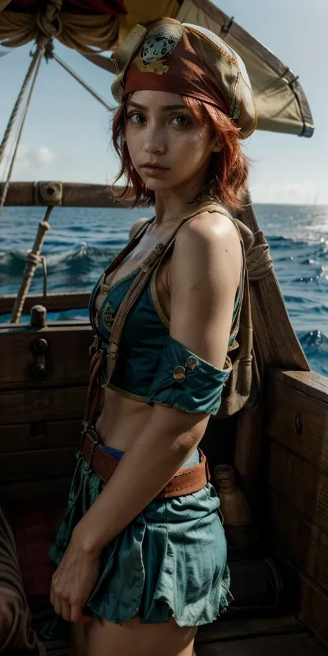 Emily Rudd, Nami, One Piece, pirate clothes, in the pirate boat, in the sea, expressive eyes, neckline, sunny day, 