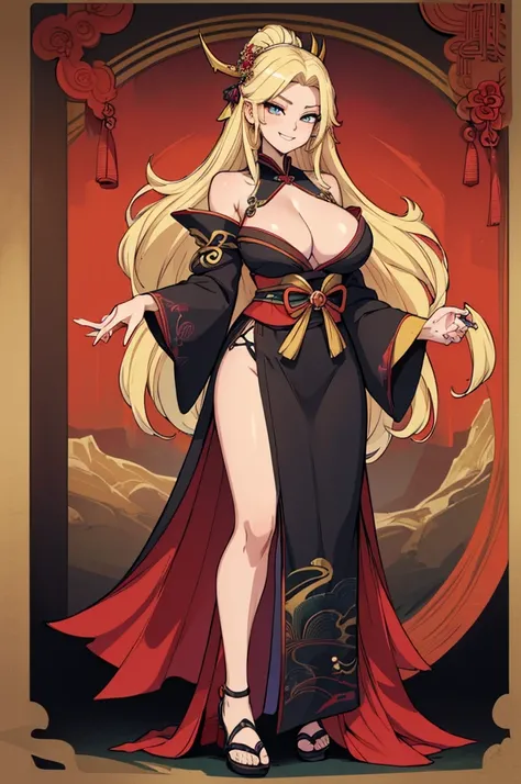 (masterpiece, best quality, high resolution, ((full body, standing,))((huge breasts )) 1 woman, a magical fantasy Asian echisera, black fantasy full-body Asian echisera kimono, very Asian-style long blonde hair, , evil smile, ((full body))
