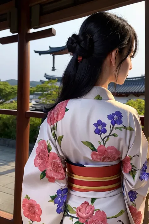 kimono、Back view、dusk、shrine、Beautiful woman、Tall black hair