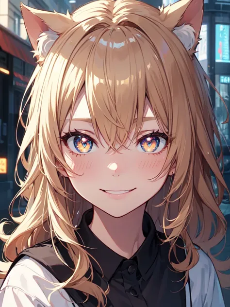 hair over shoulder, wavy hair, hair strand, shiny hair, blonde hair, eye reflection, glowing eyes, slit pupils, amber eyes, cat ears, smile, blush, glint, happy, anime, anime style, En plein air, high detail, cinematic lighting, ray tracing, reflection lig...