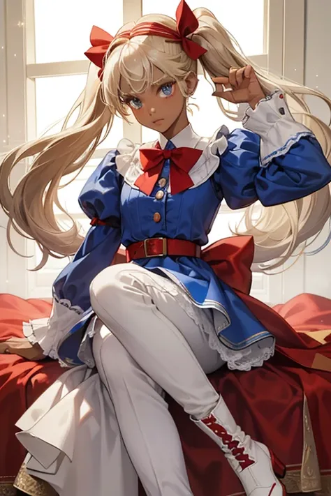 Comet is a dark-skinned girl with light blonde hair tied into three pigtails. She wears a red bow on the top of her head. She wears a silver-blue dress with long sleeves that puff on the top. The puffy sleeves are lined with red fabric while the ends of he...