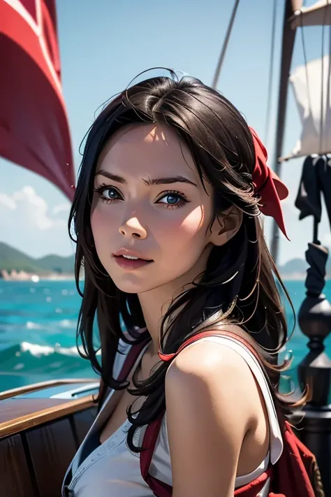 （Highest quality), (High detail), (Vibrant colors), (One girl), A cute female pirate sailing the high seas, High resolution, 4K, 