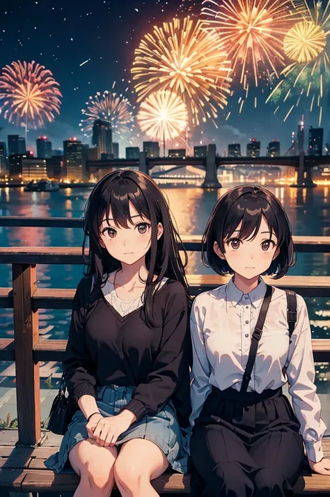 Couple sitting side by side（Young men and women），Sit on the embankment，Turn your back to the lens，Look up at the fireworks in the sky，Modern city，night