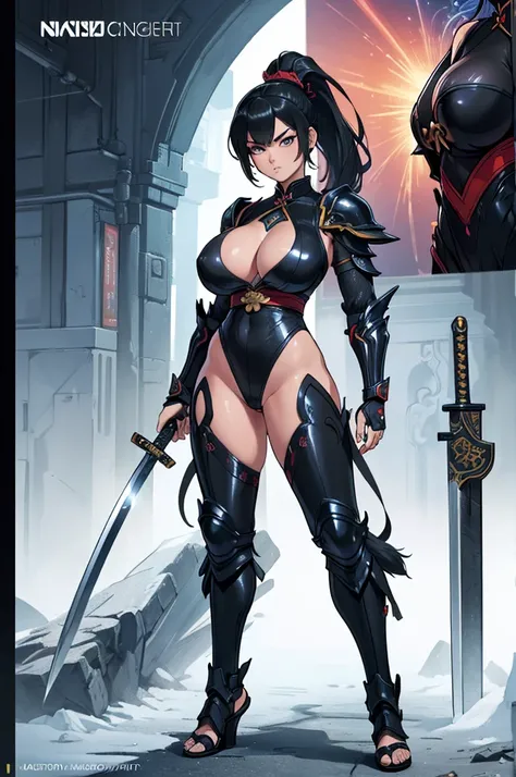 (masterpiece, best quality, high resolution, ((full body, standing,))((huge breasts ))1 woman, a magical fantasy Asian warrior, full body Asian armor, hair tied in a black ponytail, black katana on the hand ,serious, ((full body))
