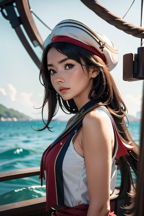 （Highest quality), (High detail), (Vibrant colors), (One girl), A cute female pirate sailing the high seas, High resolution, 4K, 