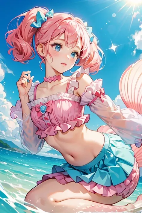 Coral Sea Shells is a fair skinned girl with pink cheeks and deep pink hair worn in low pigtails with a sky blue bow with a small clam. She normally wears a blue mermaid costume consisting of a blue top with frilled sleeves and small white spots on the shi...