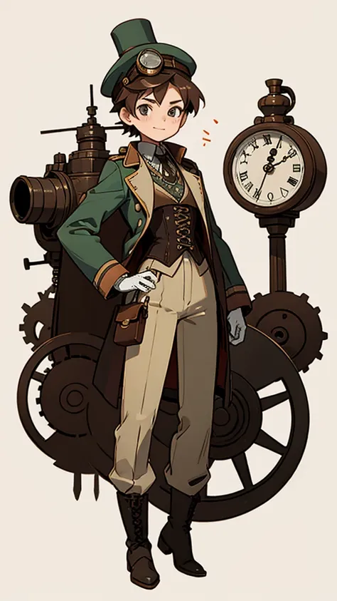 1.steampunk,15 years old,,aviation goggles on the forehead,a fake smile,gloves,whole body,boots,pants,hat,small clock gear,steam...