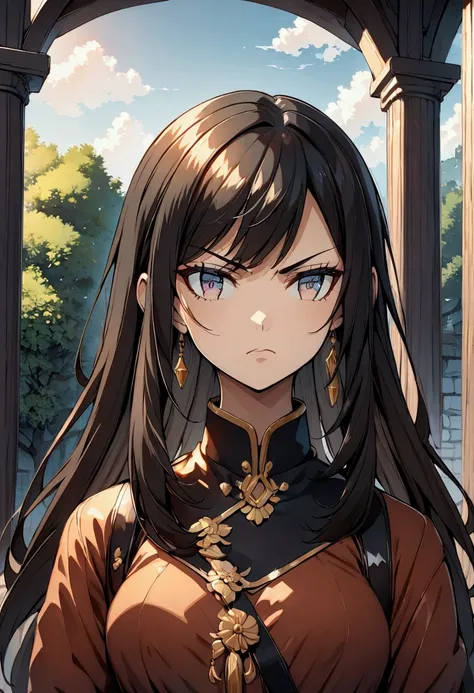 anime style, 1 girl, A dark-haired, looking left, long straight hair, military girl, serious expression, neutral face