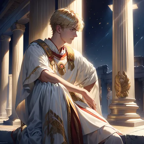 Handsome young blond man, around 20 years old, Greco-Roman soldier, liturgical uniform, ancient Greek temple, leaning against a pillar in thought, head bowed slightly, arms folded, weight on one leg, the other slightly bent, late night inside the temple (d...