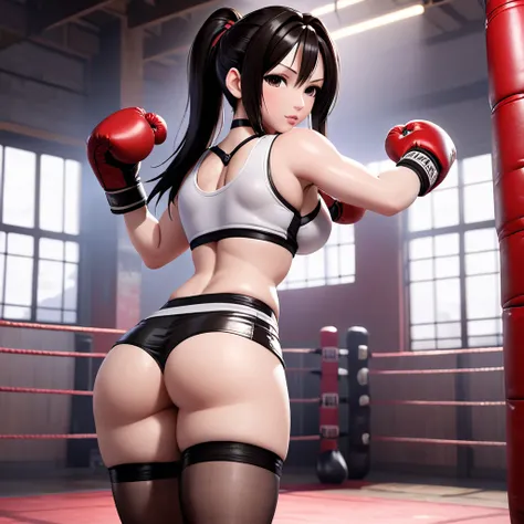 Tifa Lockhart, big  , big ass, thick juicy thighs, tight tiny  mini skirt, tight pushup bra,  boxing gloves, flirty naughty posing 