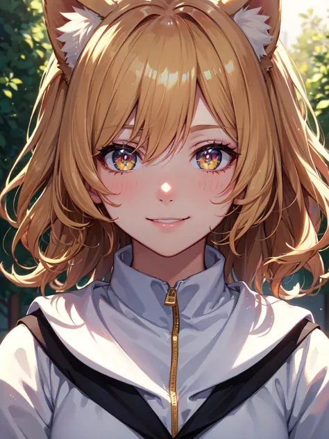 hair over shoulder, wavy hair, hair strand, shiny hair, blonde hair, eye reflection, glowing eyes, slit pupils, amber eyes, cat ears, smile, blush, glint, happy, anime, anime style, En plein air, high detail, cinematic lighting, ray tracing, reflection lig...