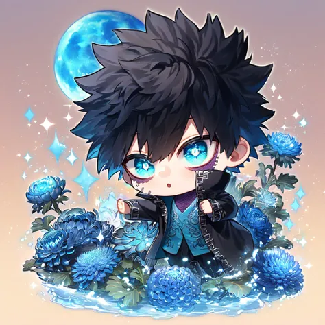 absurdres, highres, ultra detailed, HDR, master piece, best quality, extremely detailed, Dabi chibi, black hair, expressive turquoise eyes, Boku No Hero Academia, solo, boy, cute, black coat, fantasy, water, sparkling, blue glittering fireflies, blue moon,...