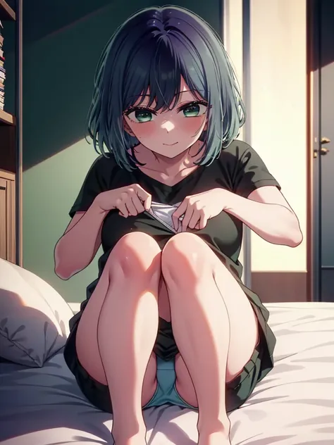 akanekurokawa, akane kurokawa, bangs, (Green Eyes:1.3), Blue Hair, Long Hair, dark Blue Hair,Black Tank Top,purple string underwear,barefoot,Sitting on the bed,Sleepy eyes,smile,blush,morning,morning陽,The sun is rising,whole bodyがイラストに入るように,
break indoors,...