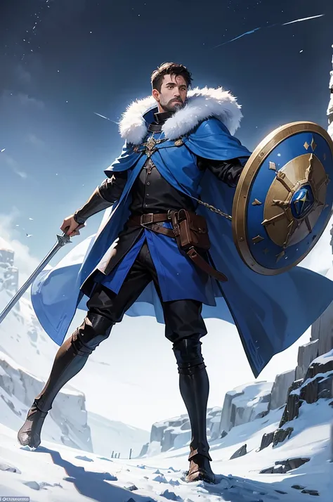 Adult man in medieval winter clothes with a shield in one hand and a mace in the other blue clothes 