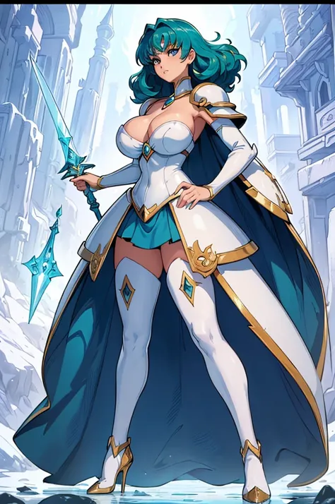 (masterpiece, best quality, high resolution, ((full body, standing,))((huge breasts ))1 woman, 1 powerful looking ice magic warrior, very large shoulder pads, very powerful ice sword and shield, Magic Knight Rayearth style ((whole body))
