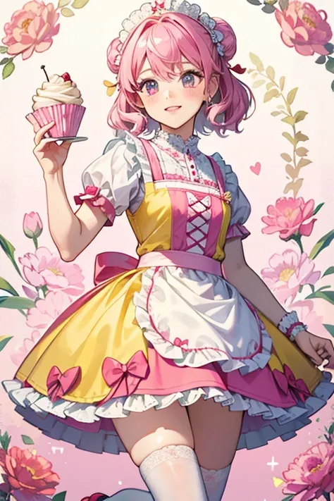  wears a yellow top with a white collar and cupcake themed sleeves (cast in molded plastic). The skirt is checkered with a hot pink wavy hem and a carnation pink waistband with tiny scarlet red dot print. Included is a sunshine yellow apron with white dots...