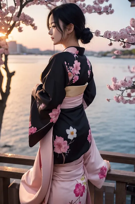 woman、Black Hair、Back view、Toki color、Sakura-colored kimono、dusk、high resolution、beautiful、exactly