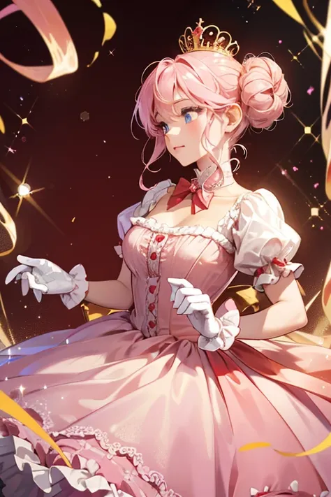 Crumpet is a tan-skinned girl with carnation pink cheeks. She has curly pink hair done up into a large bun. Just below her bun is a gold tiara that is encrusted with rubies. Crumpet wears a silky carnation pink dress with puffy sleeves, patterned with red ...