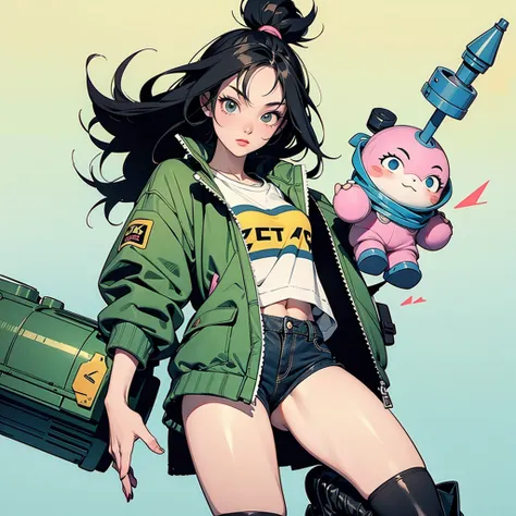 girl similar to gorillaz noodle, black long hair ((drawing)). She is wearing only underwear, striped knee-high socks, and black boots. The character is carrying a large green rocket launcher on her shoulders, with a small toy tank at her feet. She also hol...