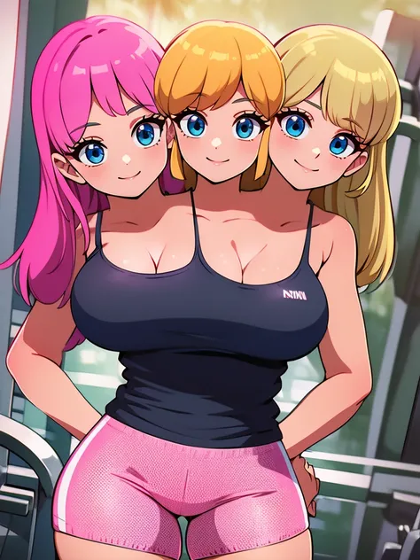 best quality, (masterpiece),(ultra-detailed), (high quality), (high resolution), ((2heads:1.5)), best quality:1.5, highres, UHD, 16K), two headed woman, smiling, highres, masterpiece, black tank top, pink hot pants, gym, blue eyes, blonde hair 