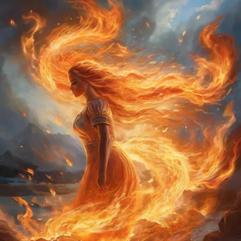 (Masterpiece, high quality, best quality, official art, beauty and aesthetics:1.2),(fire element:1.1),composed of fire elements,(1girl:1.2),burning,transparency,fire,(molten rock),flame skin,flame print,fiery hair,smoke,cloud,(radiant:1.1),(flames soaring:...