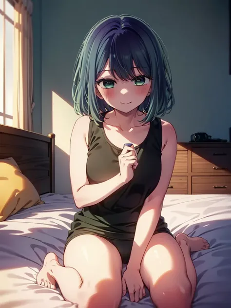 akanekurokawa, akane kurokawa, bangs, (Green Eyes:1.3), Blue Hair, Long Hair, dark Blue Hair,Black Tank Top,purple string underwear,barefoot,Sitting on the bed,Sleepy eyes,smile,blush,morning,morning陽,The sun is rising,whole bodyがイラストに入るように,
break indoors,...