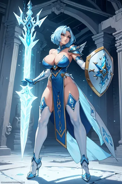 (masterpiece, best quality, high resolution, ((full body, standing,))((huge breasts )) 1 woman,1 powerful looking ice magic warrior, very large shoulder pads, very powerful ice sword and shield, style ( (whole body))
