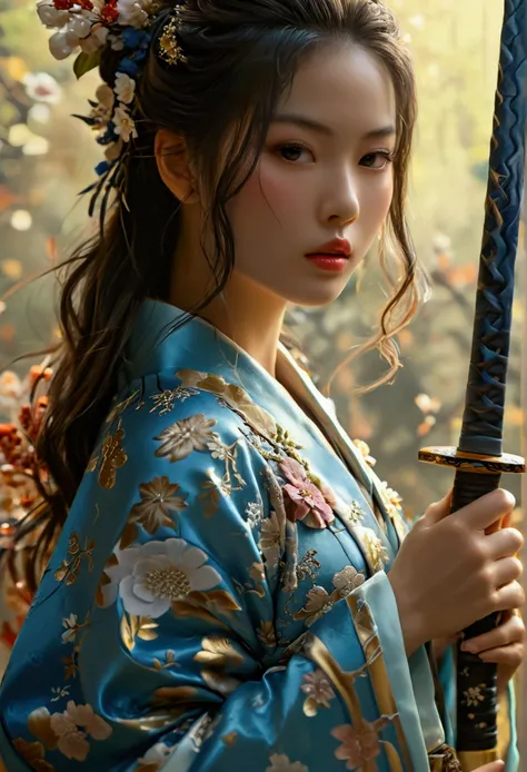 Uma linda samurai sexy, Cabelos longos azuis, (( flowing hair )), rosto lindo, corpo lindo delicado, corpo sedutor, usando um quimono aberto sexy e sedutor, empunhando sua Katana de lamina azul clara.

The image is of the highest quality, with every detail...